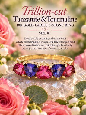 Trillion-cut Tanzanite & Tourmaline 10K Gold Ladies 5-Stone Ring Size 8